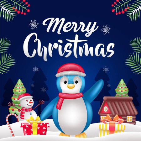 Ilustración de Feliz Navidad, 3d ilustración de pingüino con decoraciones de Navidad - Imagen libre de derechos
