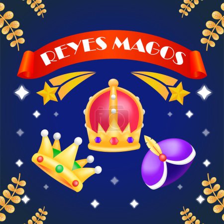 Téléchargez les illustrations : Reyes Magos. Couronne collection illustration 3D, avec des étoiles filantes en arrière-plan - en licence libre de droit