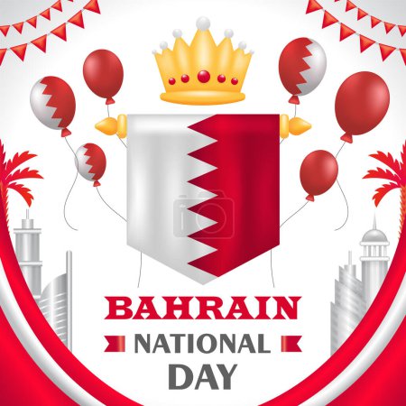 Ilustración de Día Nacional de Bahréin, 3d ilustración de bandera y corona con adornos de construcción y globos - Imagen libre de derechos