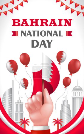 Ilustración de Día Nacional de Bahréin, 3d ilustración de la bandera de mano con adorno de construcción y globo - Imagen libre de derechos