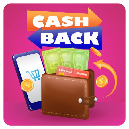 Ilustración de Cash Back. 3d ilustración de la cartera de los hombres, teléfono inteligente, dinero y tarjeta de crédito - Imagen libre de derechos