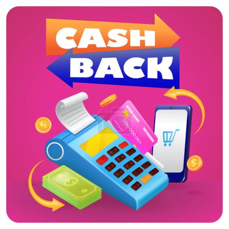 Ilustración de Cash Back. 3d ilustración del pago con tarjeta de crédito a través de terminal, dinero y teléfono inteligente - Imagen libre de derechos