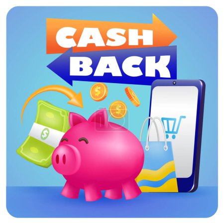 Ilustración de Cash Back. 3d ilustración de alcancía, teléfono inteligente, dinero y bolsa de compras - Imagen libre de derechos