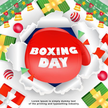 Téléchargez les illustrations : Boxing Day, illustration 3D de cadeaux et gants de boxe frappant du papier. Convient pour les événements - en licence libre de droit