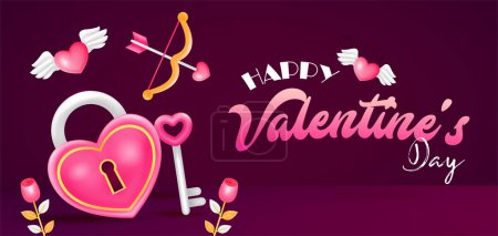 Téléchargez les photos : Joyeuse Saint-Valentin. Illustration 3D de l'amour arc, fleur, clé et serrure - en image libre de droit