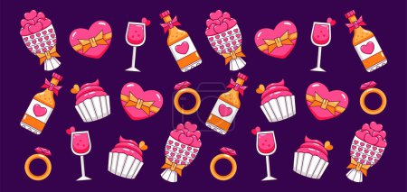 Ilustración de Feliz día de San Valentín. Guirnaldas, botellas de vino, pasteles y anillos de amor patrones - Imagen libre de derechos