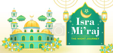Téléchargez les illustrations : Isra Miraj, illustration 3D d'une mosquée avec des fleurs et des ornements nuageux - en licence libre de droit