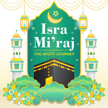 Téléchargez les illustrations : Isra Miraj, illustration 3D de kaaba avec ornement floral et nuages - en licence libre de droit