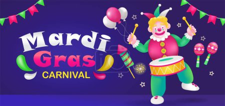 Illustration for Mardi Gras Carnival. 3d illustration of a clown playing a drum with maracas ornament, fireworks and balloons - Royalty Free Image