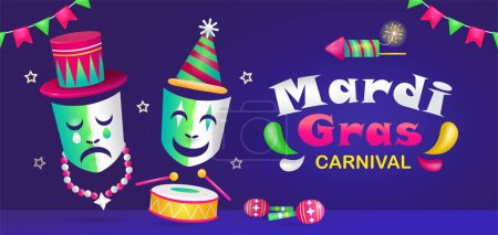 Illustration for Mardi Gras Carnival, 3d illustration of sad and happy expression masks playing drums - Royalty Free Image