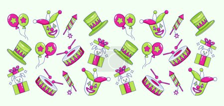 Illustration for Mardi Gras Carnival. Clown mask, balloon, hat, bunny, firecracker and drum icon pattern - Royalty Free Image