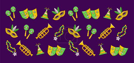 Ilustración de Carnaval del Mardi Gras. Máscara, trompeta, collar, maracas y patrón de icono de sombrero de fiesta - Imagen libre de derechos