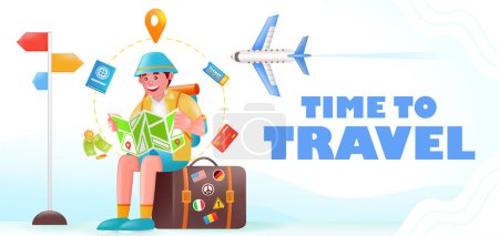 Ilustración de Tiempo para viajar, ilustración 3d del hombre sentado en la maleta mirando el destino del vuelo - Imagen libre de derechos