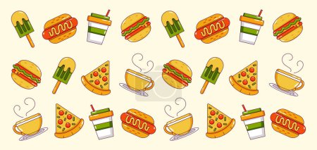 Téléchargez les illustrations : Nourriture et boisson. Hotdog, hamburger, pizza, café et crème glacée motif icône - en licence libre de droit