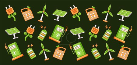 Foto de Energía verde. Panel solar, turbina eólica, batería y patrón de icono de gasolina - Imagen libre de derechos