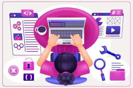Ilustración de 3d ilustración de la mujer haciendo codificación y programación en su ordenador portátil - Imagen libre de derechos