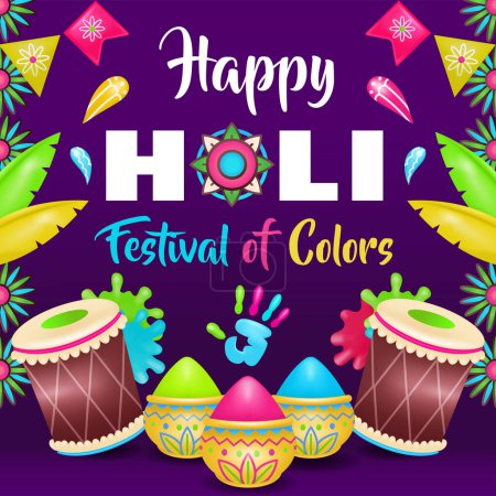 Illustration for Happy Holi Festival of Colors, hand and paint colorful 3d illustration - Royalty Free Image