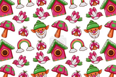 Illustration for Spring icon pattern. Flowers, insects, gnomes and birds - Royalty Free Image