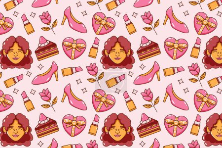 Illustration for Women's day. Faces, cakes, drinks, lipsticks, high heels, gifts and flowers seamless pattern icons - Royalty Free Image