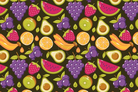 Téléchargez les illustrations : Modèle de fruits frais. Melon d'eau, fraises, raisins, bananes, avocats, bleuets, kiwis et oranges - en licence libre de droit