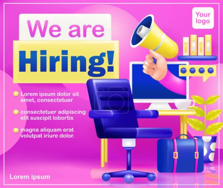 Illustration for We are Hiring. 3d vector of work desk, chair and hand holding megaphone from inside computer - Royalty Free Image