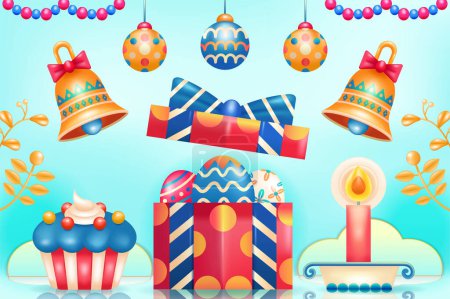 Téléchargez les illustrations : Joyeuse fête de Pâques. Illustration 3D de cadeaux, œufs, cloches, gâteaux et bougies - en licence libre de droit
