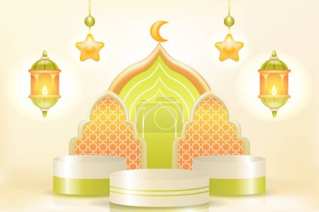 Illustration for Soft and elegant Islamic podium with coconut tree, mosque, lamp and curtain ornaments. 3d realistic vector - Royalty Free Image
