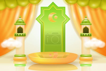 Ilustración de Suave y elegante podio islámico con cocoteros, mezquitas, lámparas y cortinas ornamentales. 3d vector realista - Imagen libre de derechos
