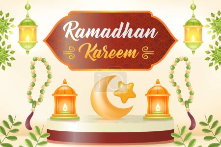 Ilustración de Ramadán Kareem. 3d ilustración de una mezquita, lámpara, tambor, podio, y un hombre rezando - Imagen libre de derechos