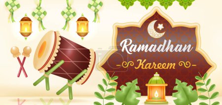 Ilustración de Ramadán Kareem. 3d ilustración de una mezquita, lámpara, tambor, podio, y un hombre rezando - Imagen libre de derechos