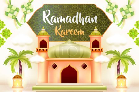 Illustration for Ramadan kareem. 3d illustration of a mosque, lamp, drum, podium, and a man praying - Royalty Free Image