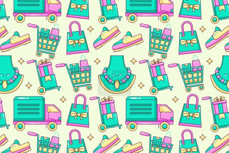 Illustration for Shopping patterns. Jewelry, clothes, shoes, trucks, packages, piggy banks, wallets, and stores - Royalty Free Image