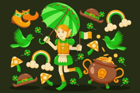 Téléchargez les illustrations : Saint Patrick. Illustration vectorielle d'une femme portant un parapluie - en licence libre de droit