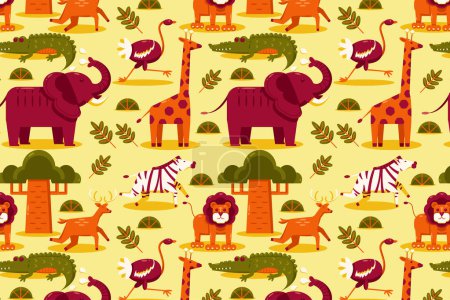 Téléchargez les illustrations : Des animaux africains. Modèles d'éléphant, lion, girafe, gazelle, antilope, crocodile, autruche et zèbre - en licence libre de droit