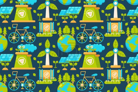 Ilustración de Feliz Día de la Tierra. Tierra, fábricas, molinos de viento, bicicletas, paneles solares y patrones de residuos naturales - Imagen libre de derechos