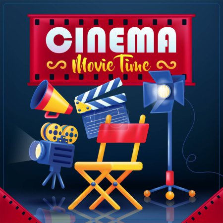 Ilustración de Cine, hora de la película. 3d vector de la silla del director, cámara, iluminación y megáfono - Imagen libre de derechos