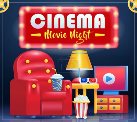 Téléchargez les illustrations : Cinéma, soirée cinéma. Sièges vectoriels 3d, pop-corn et boissons - en licence libre de droit