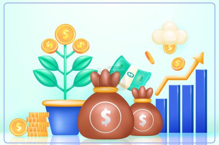 Téléchargez les illustrations : La finance. Illustration vectorielle 3D de sac d'argent, graphique d'amélioration d'affaires et arbre d'argent - en licence libre de droit