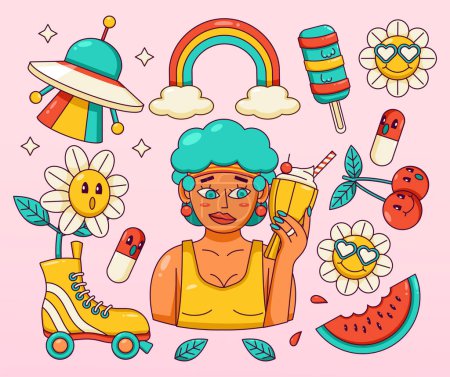Illustration for Groovy vector. Woman holding ice cream, roller skates, ufo, chery, rainbow and flowers - Royalty Free Image