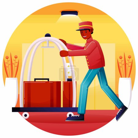 Téléchargez les illustrations : Bell boy livre les bagages des clients de l'hôtel - en licence libre de droit