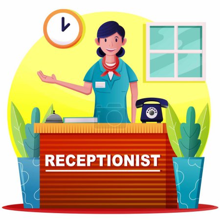 Illustration for Receptionist woman is welcoming customers - Royalty Free Image