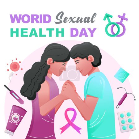 Téléchargez les illustrations : Journée mondiale de la santé sexuelle, Mari tenant la main de sa femme - en licence libre de droit
