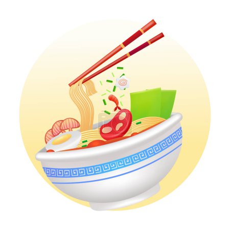 Téléchargez les illustrations : Nourriture japonaise, illustration 3D de ramen dans un bol sur blanc - en licence libre de droit