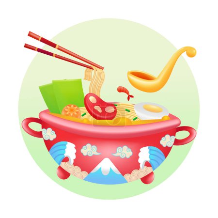 Téléchargez les illustrations : Nourriture japonaise, illustration en 3D d'une grande partie de ramen dans un bol rouge - en licence libre de droit