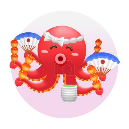 Ilustración de Comida japonesa, ilustración 3d de pulpo rojo sosteniendo takoyaki - Imagen libre de derechos
