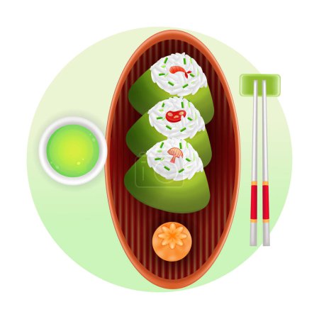Téléchargez les photos : Nourriture japonaise, illustration 3D de boules de riz et de thé vert - en image libre de droit