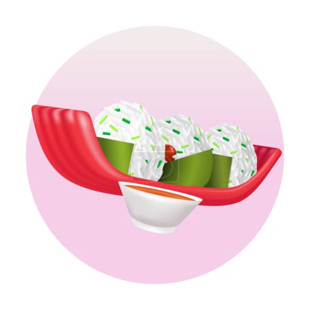 Téléchargez les illustrations : Nourriture japonaise, illustration 3D de boules de riz et sauce soja - en licence libre de droit