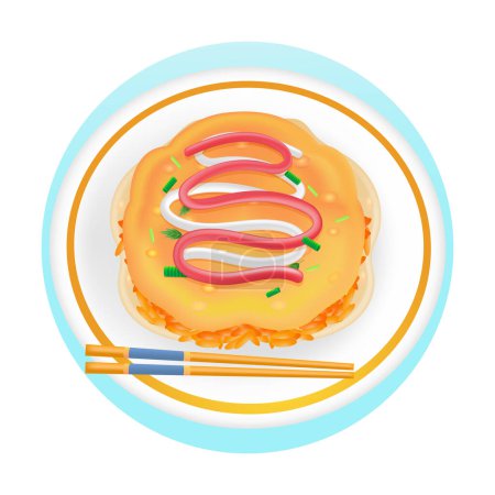 Téléchargez les illustrations : Nourriture japonaise, illustration 3D de riz omelette avec sauce et mayonnaise - en licence libre de droit
