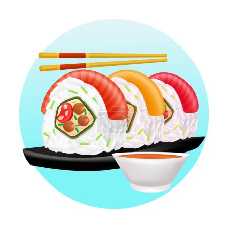 Foto de Comida japonesa, ilustración 3d de rollos de sushi de salmón con salsa de soja - Imagen libre de derechos
