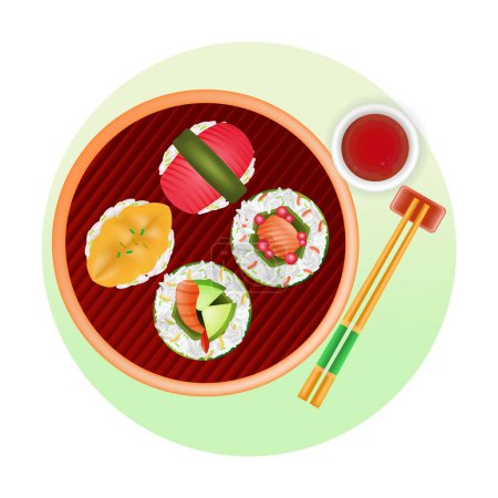 Illustration for Japanese food, 3d illustration of shushi in a bamboo steamer basket - Royalty Free Image